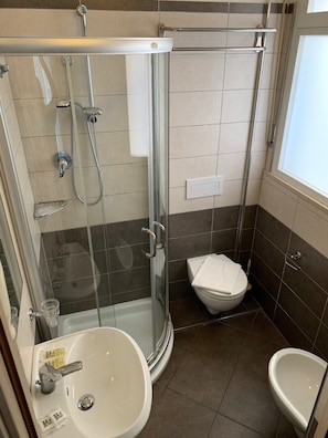 Shower, free toiletries, hair dryer, bidet