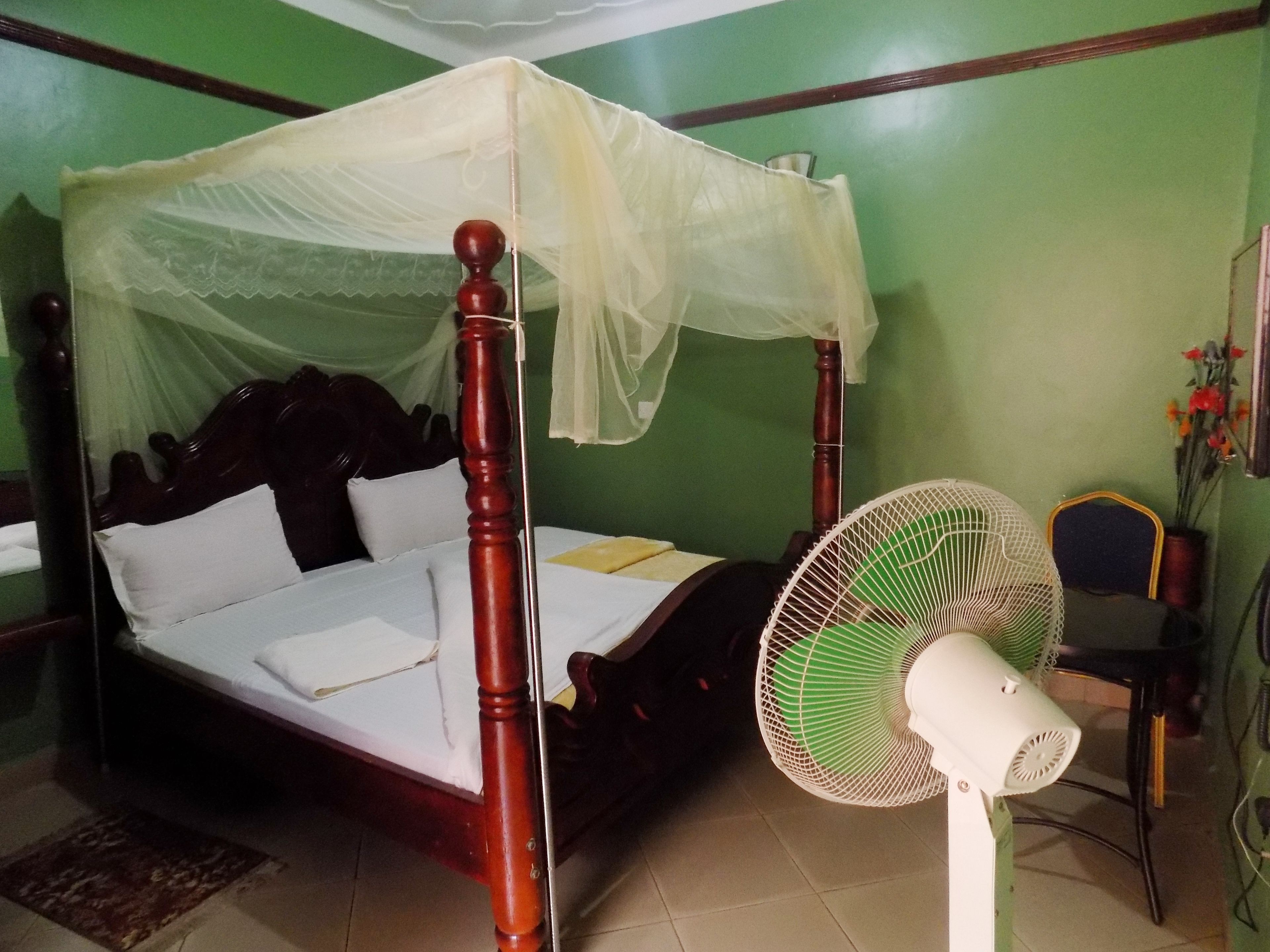 A room with a bed under a canopy, a standing fan, and a chair.