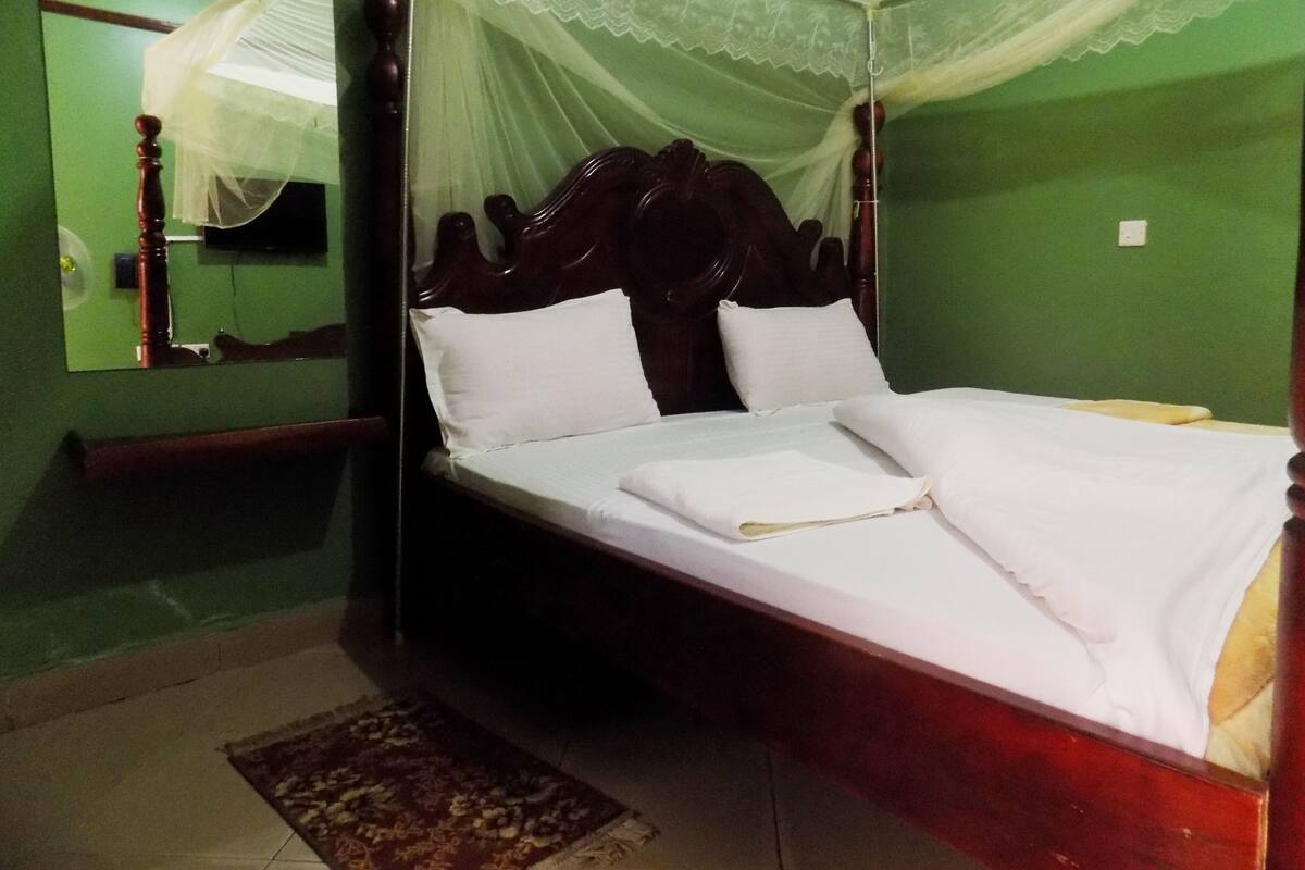 A bed with a canopy, a mirror on the wall, and a patterned rug on the floor.