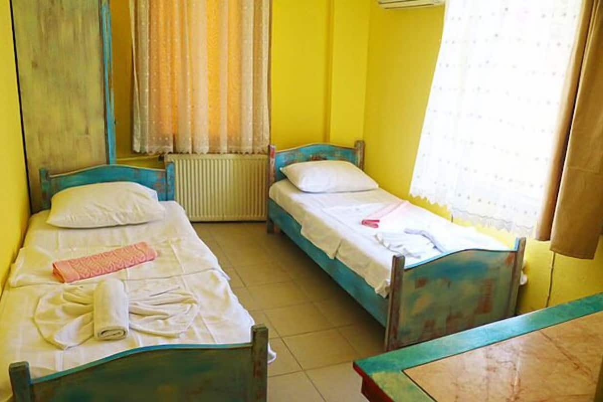 A room with two beds, a radiator, and a window with curtains.