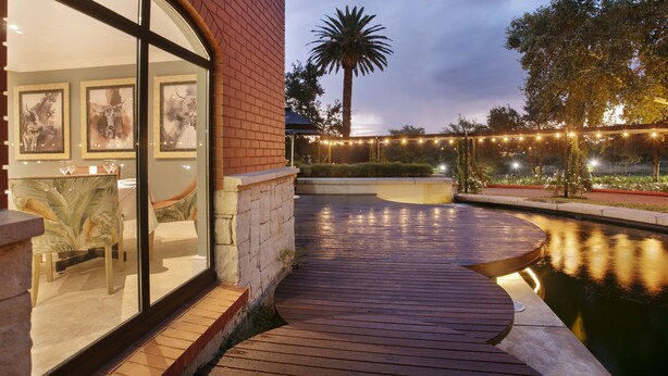 Una terraza de madera con borde curvo, un ventanal de vidrio que da a una habitación con cuadros enmarcados, y una palmera al fondo.