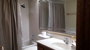 Combined shower/bathtub, hair dryer, towels, soap