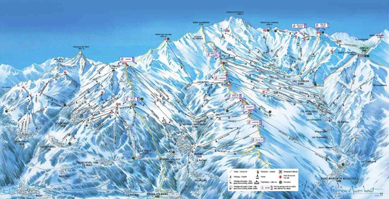 Un mapa detallado de una región montañosa con pistas de esquí señalizadas, remontes y cumbres.