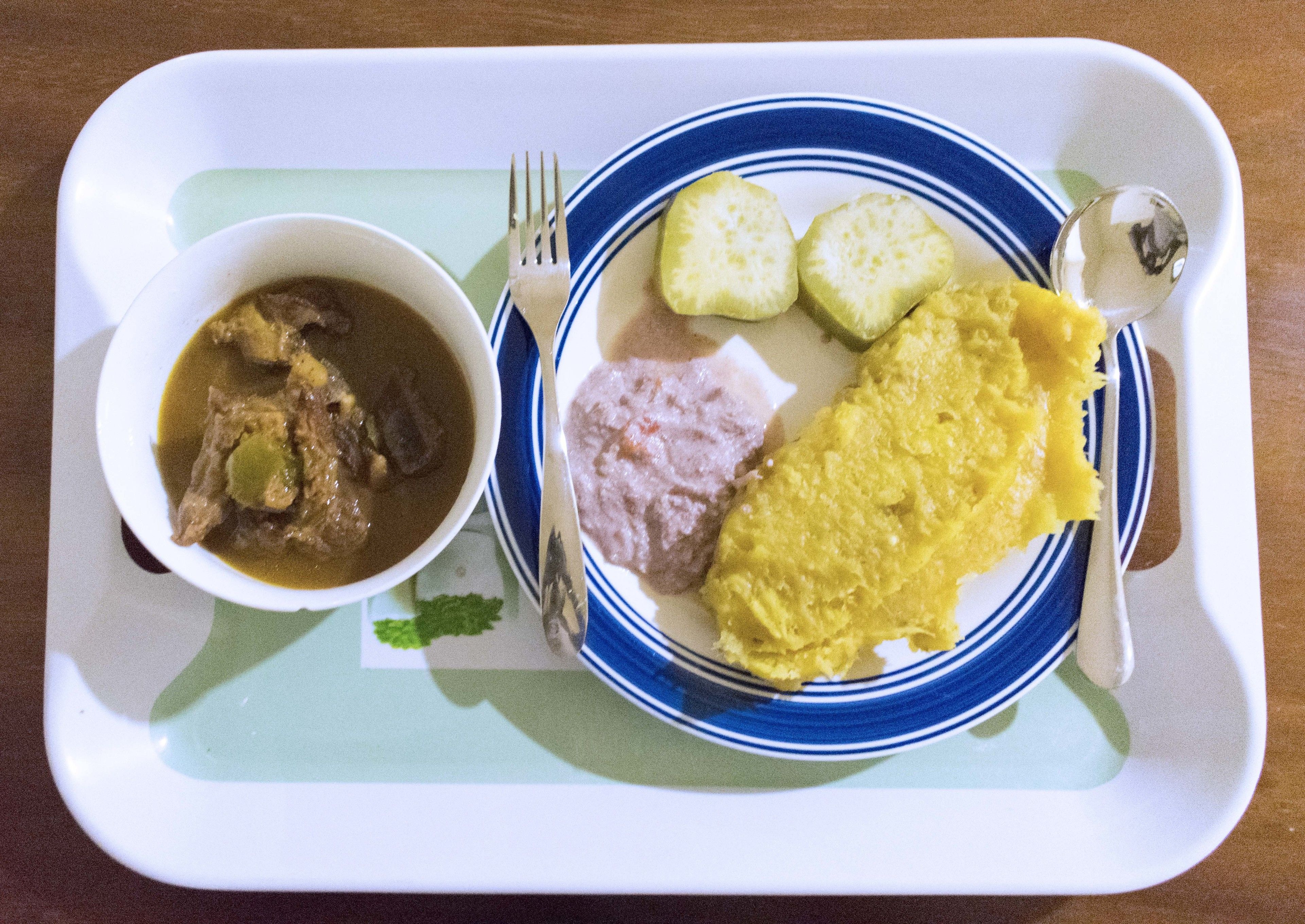 A tray with a plate of food including stew, mashed potatoes, and a slice of bread.