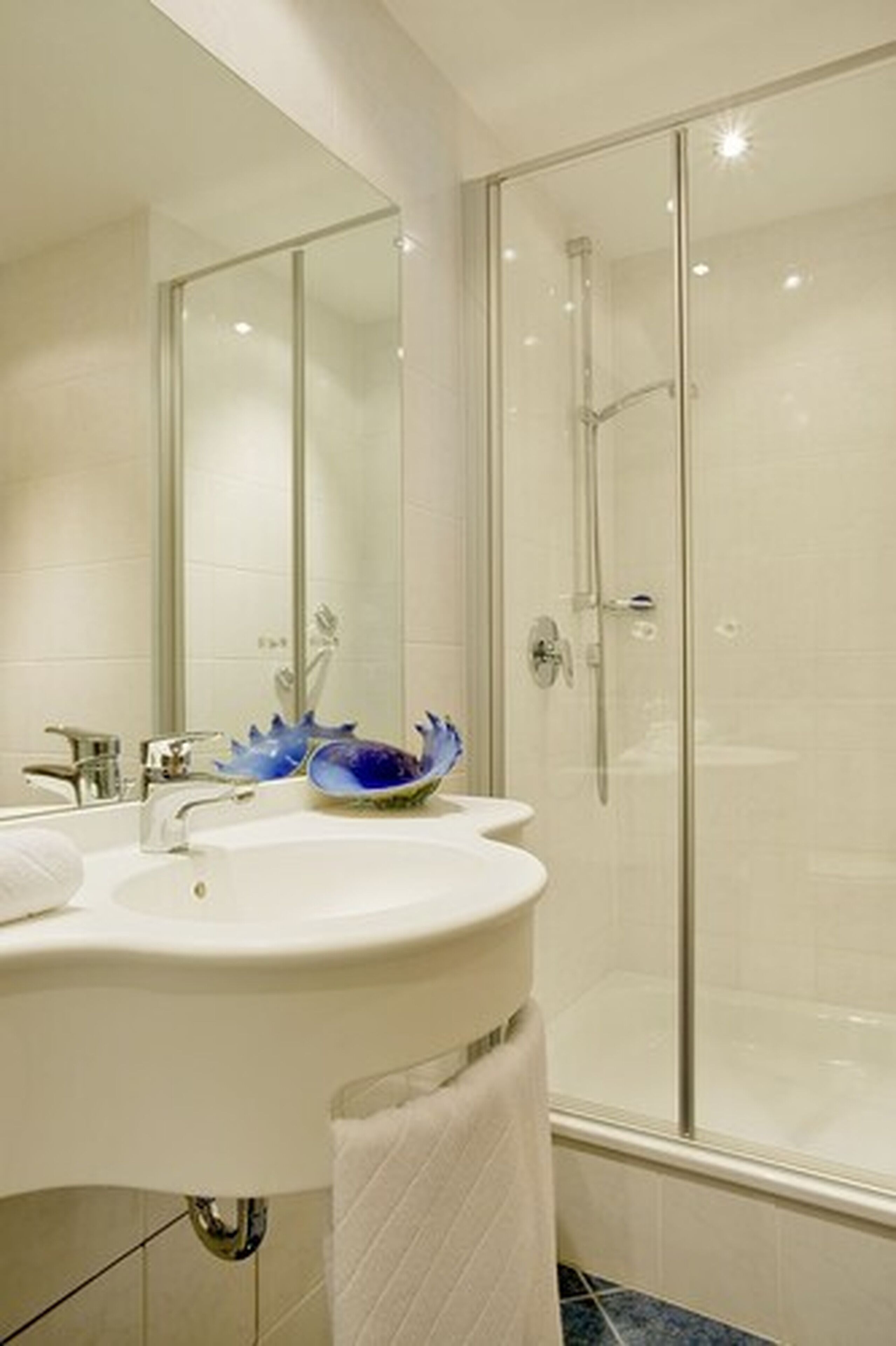 Une salle de bain moderne avec une douche à parois de verre, un lavabo blanc agrémenté d’un bol décoratif bleu et un grand miroir.