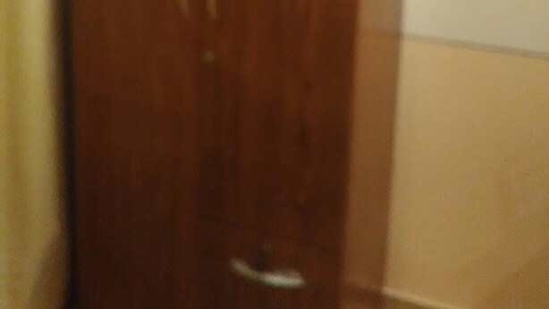 A wooden wardrobe with two doors and a handle in a room with plain walls.