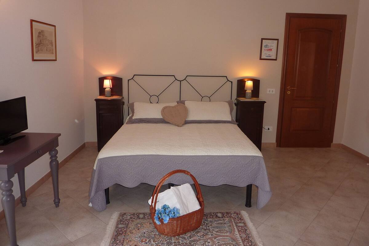Une chambre à coucher bien rangée, avec un lit, deux tables de chevet dotées de lampes, un téléviseur posé sur une table d’appoint, une porte et un panier décoratif sur le sol.