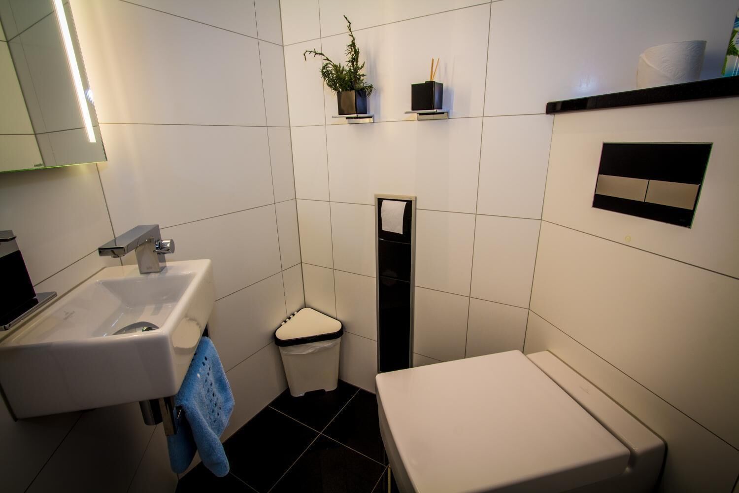 A modern bathroom with a white sink, toilet, and bidet. There are shelves with toiletries and a plant.