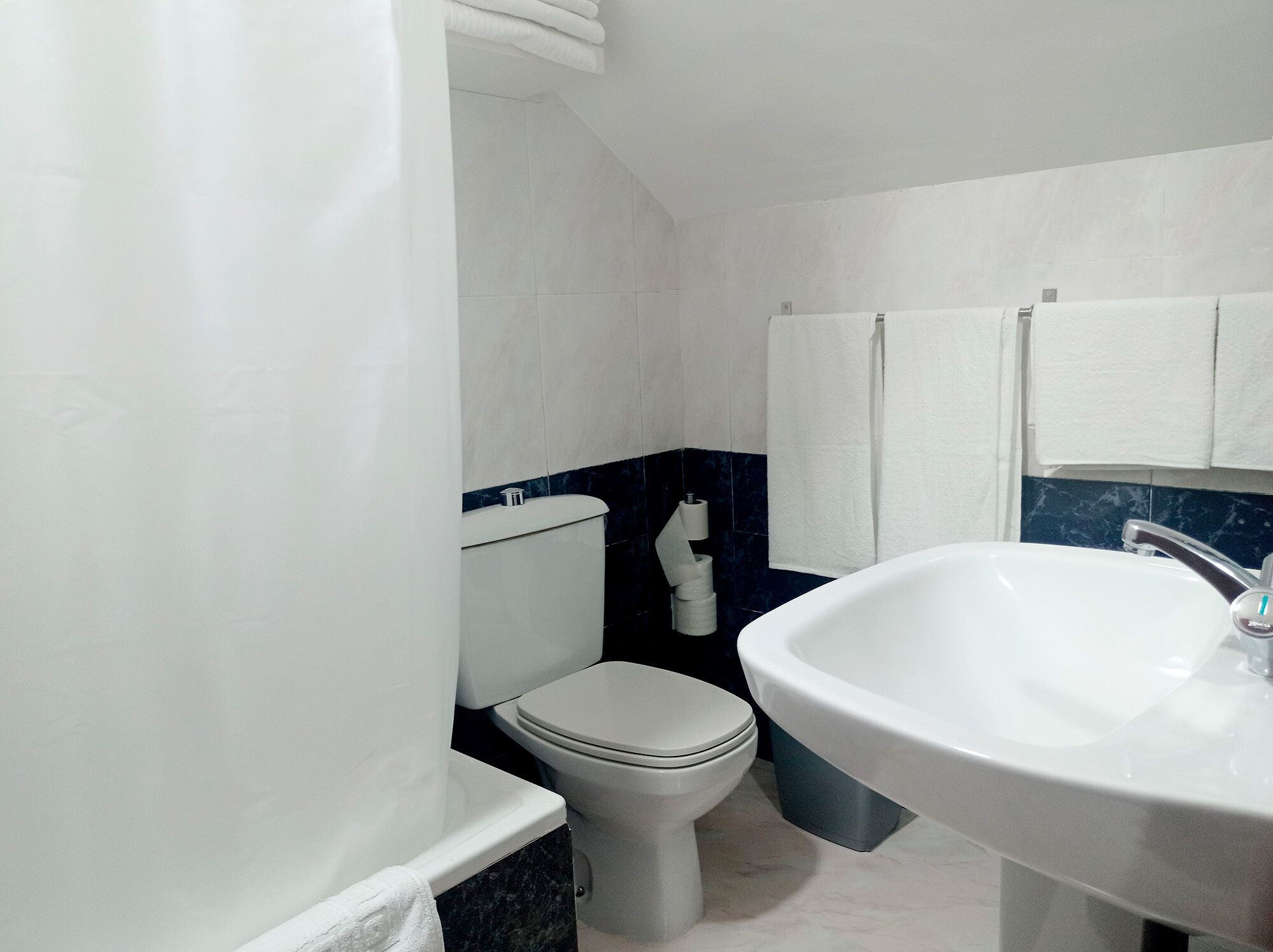 Un bagno con il water, un lavandino e portasciugamani.