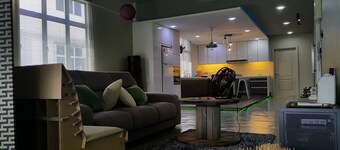 designer cozy spacious living hall and kitchen apartment