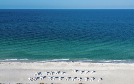 A beach with rows of white umbrellas and lounge chairs facing the ocean.