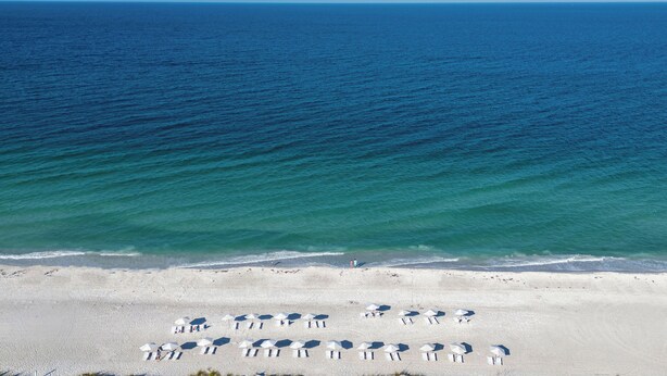 A beach with rows of white umbrellas and lounge chairs facing the ocean. - Bali Hai Beachfront Resort and Spa (Holmes Beach)