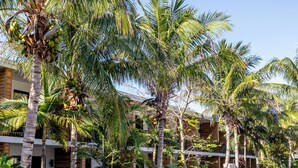 A resort with palm trees, bicycles, and a building with balconies. - Bali Hai Beachfront Resort and Spa (Holmes Beach)