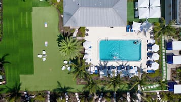 Vista aérea de un complejo turístico con piscina, sillas de descanso y palmeras.