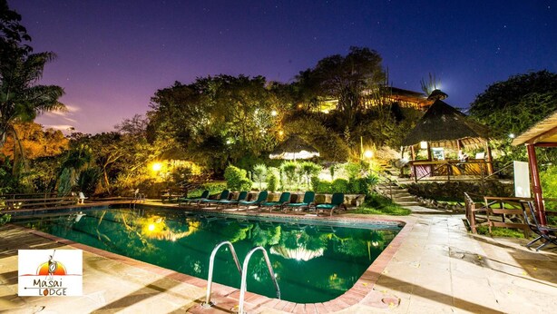 Una piscina con sillas de descanso, una estructura de techo de paja y un cielo nocturno.