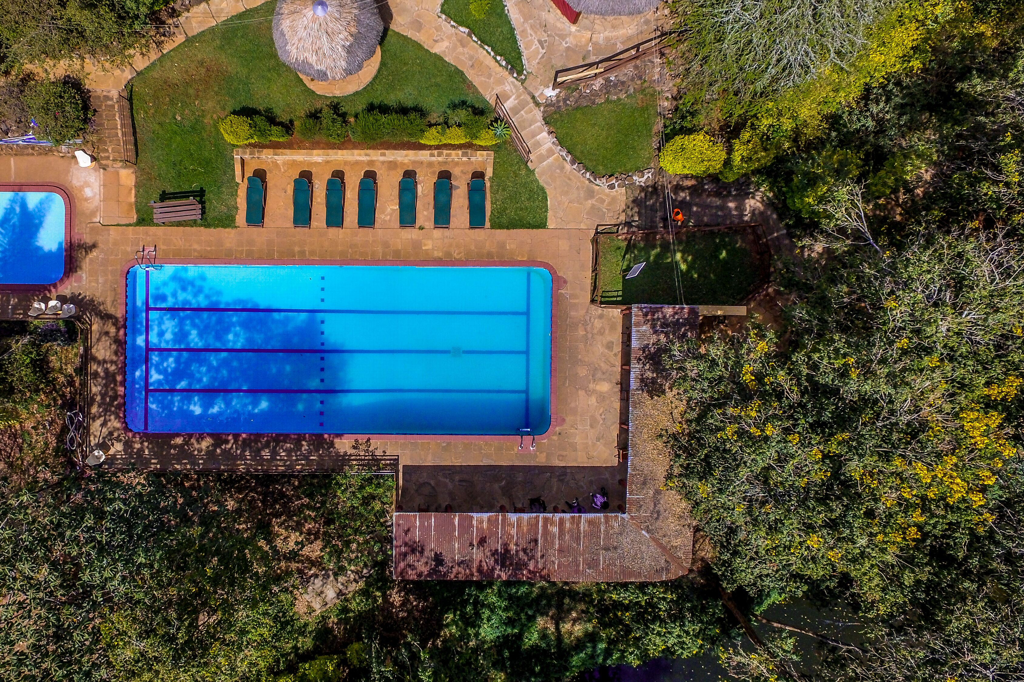 Vista aerea di una piscina circondata da un percorso in pietra, con una piccola area giardino e una struttura con tetto di paglia nelle vicinanze.
