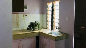 Una cocina pequeña con un lavamanos, una ventana con persianas y una planta en maceta sobre la encimera.