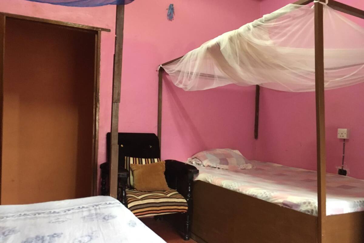 A bedroom with a single bed, a chair, and a mosquito net.