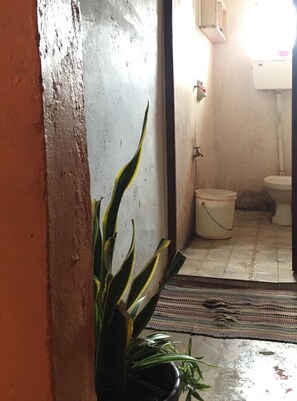 Un baño con inodoro, lavamanos y una planta en maceta.