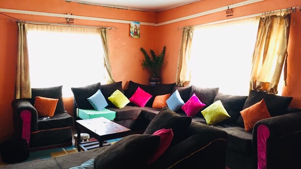 Una sala de estar con dos sofás, una mesa de centro y una planta en maceta.