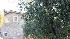 A woman walking down a path surrounded by greenery, with a stone building in the background. - Luxury 6-bed Tuscan Villa Near Lucca and Florence (Capannori)