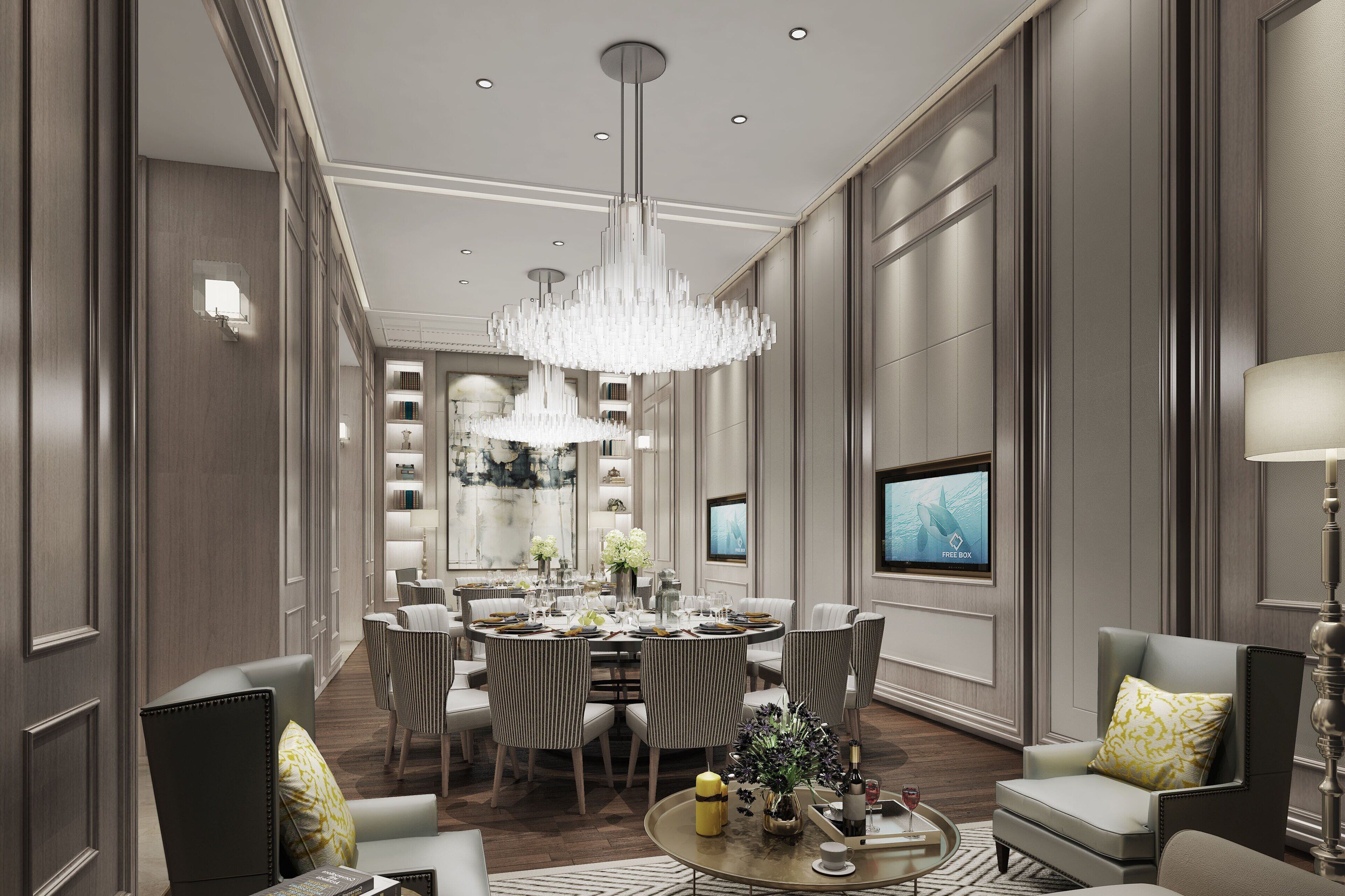 A spacious, elegantly furnished dining area with a chandelier, round dining table, and comfortable seating.