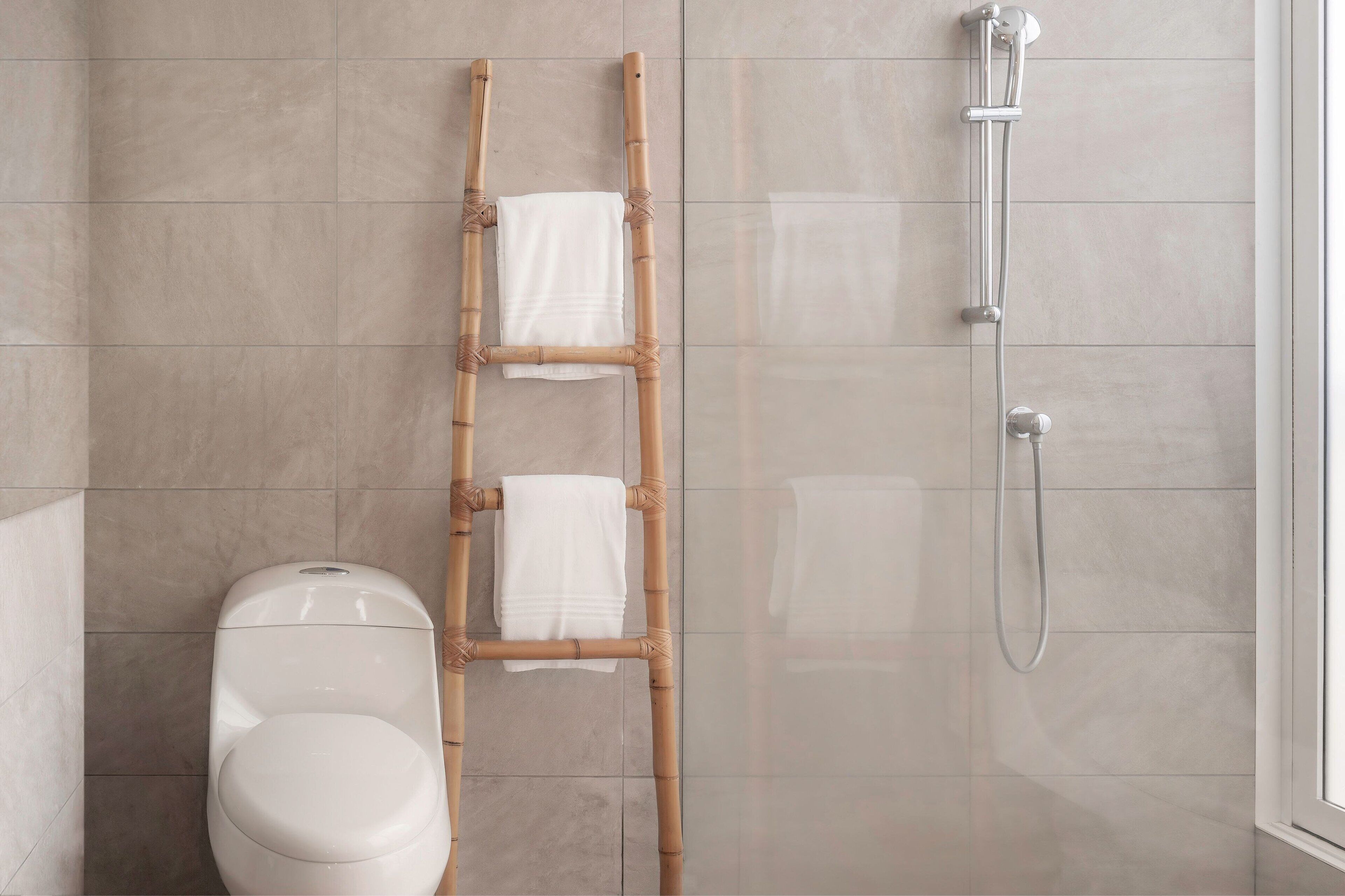 Baño con inodoro, escalera de bambú y ducha.