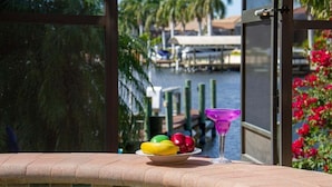 A poolside area with a bowl of fruit and a martini glass. - Ellen`s House-pool and Jacuzzi, Gulf access (Cape Coral)