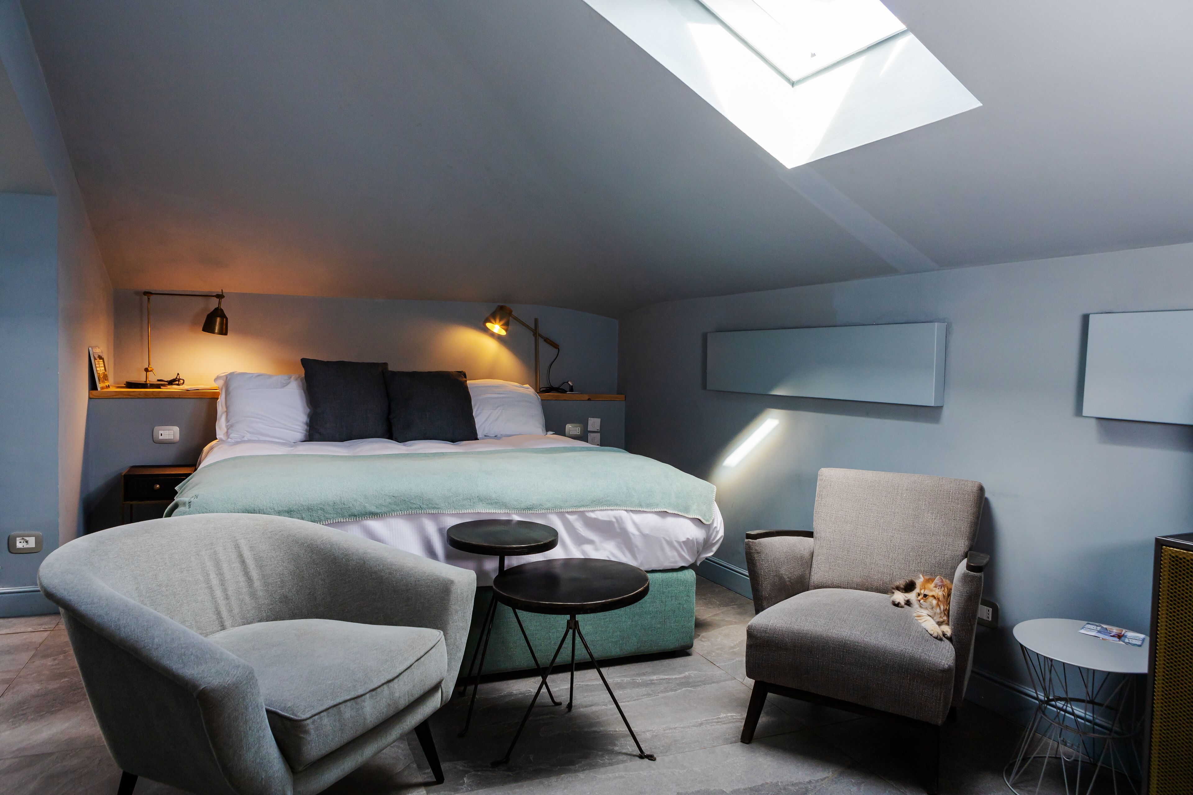 A modern bedroom with a skylight, a large bed, two armchairs, a small table, and a cat.