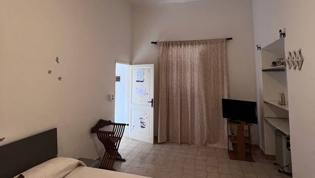 Een slaapkamer met een bed, een plafondventilator, een deur, een gordijn, een televisie op een standaard en een radiator.