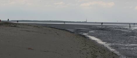 A beach with a wide sandy shore, a calm sea, and a distant shoreline with a few people and a structure.
