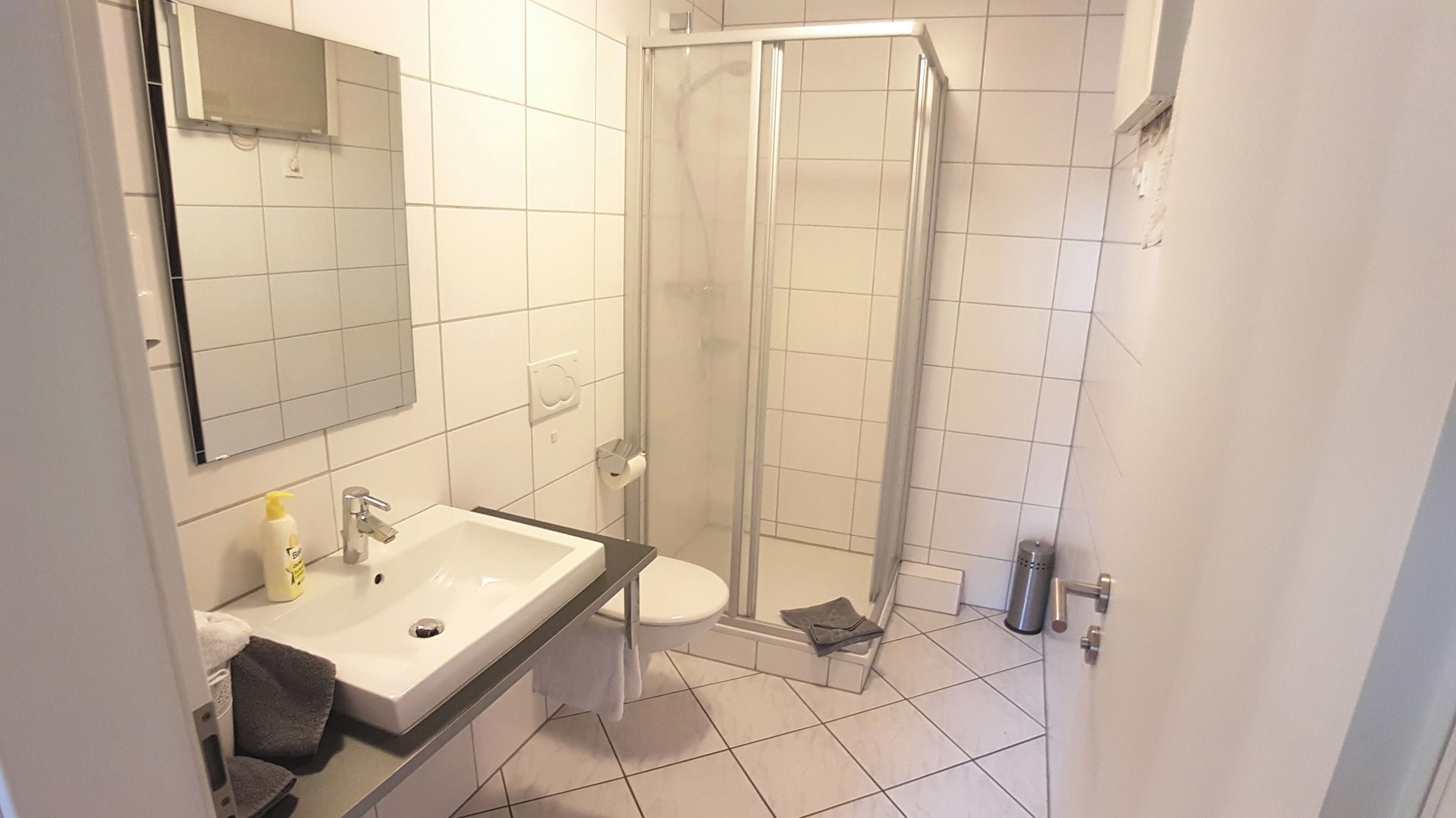 A modern bathroom with a white sink, mirror, toilet, and glass-enclosed shower.