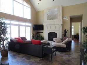 Smart TV, fireplace, DVD player, foosball