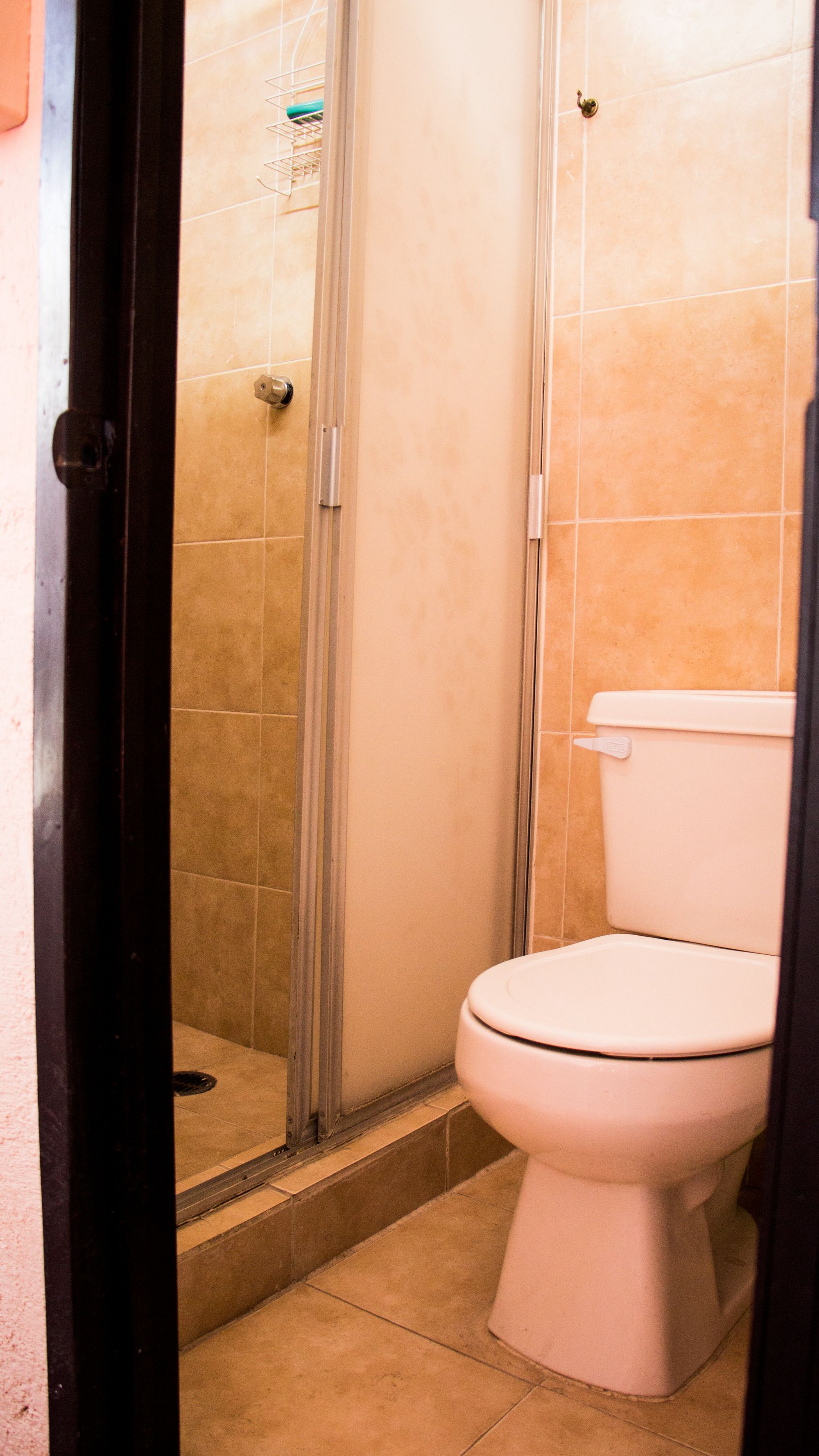Regadera, toallas, jabón, papel de baño 