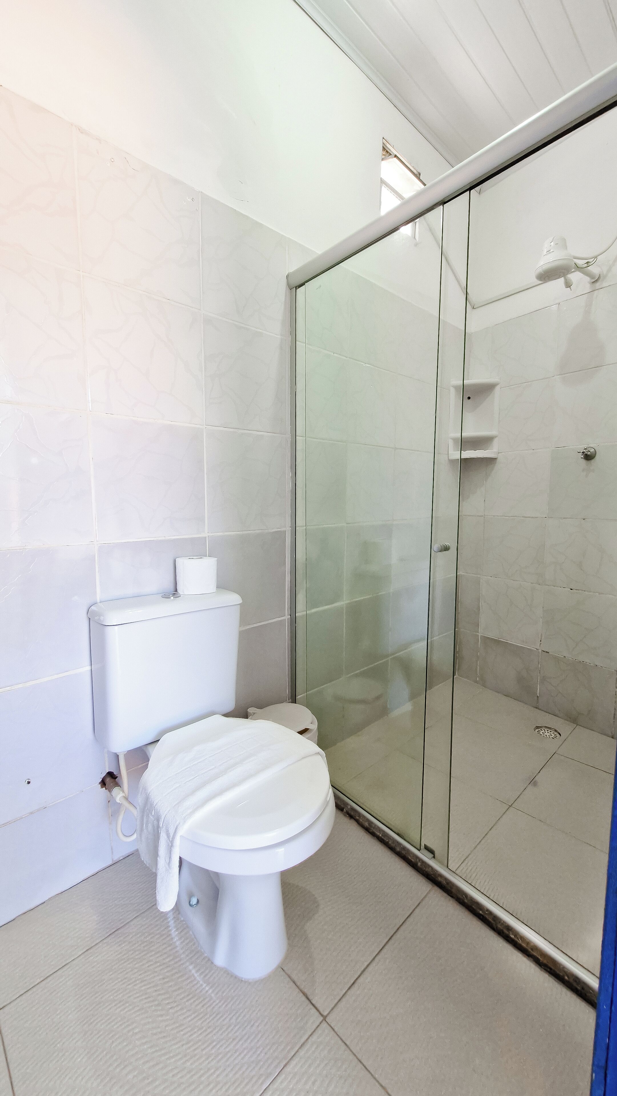 A bathroom with a toilet, a glass shower enclosure, and tiled walls.