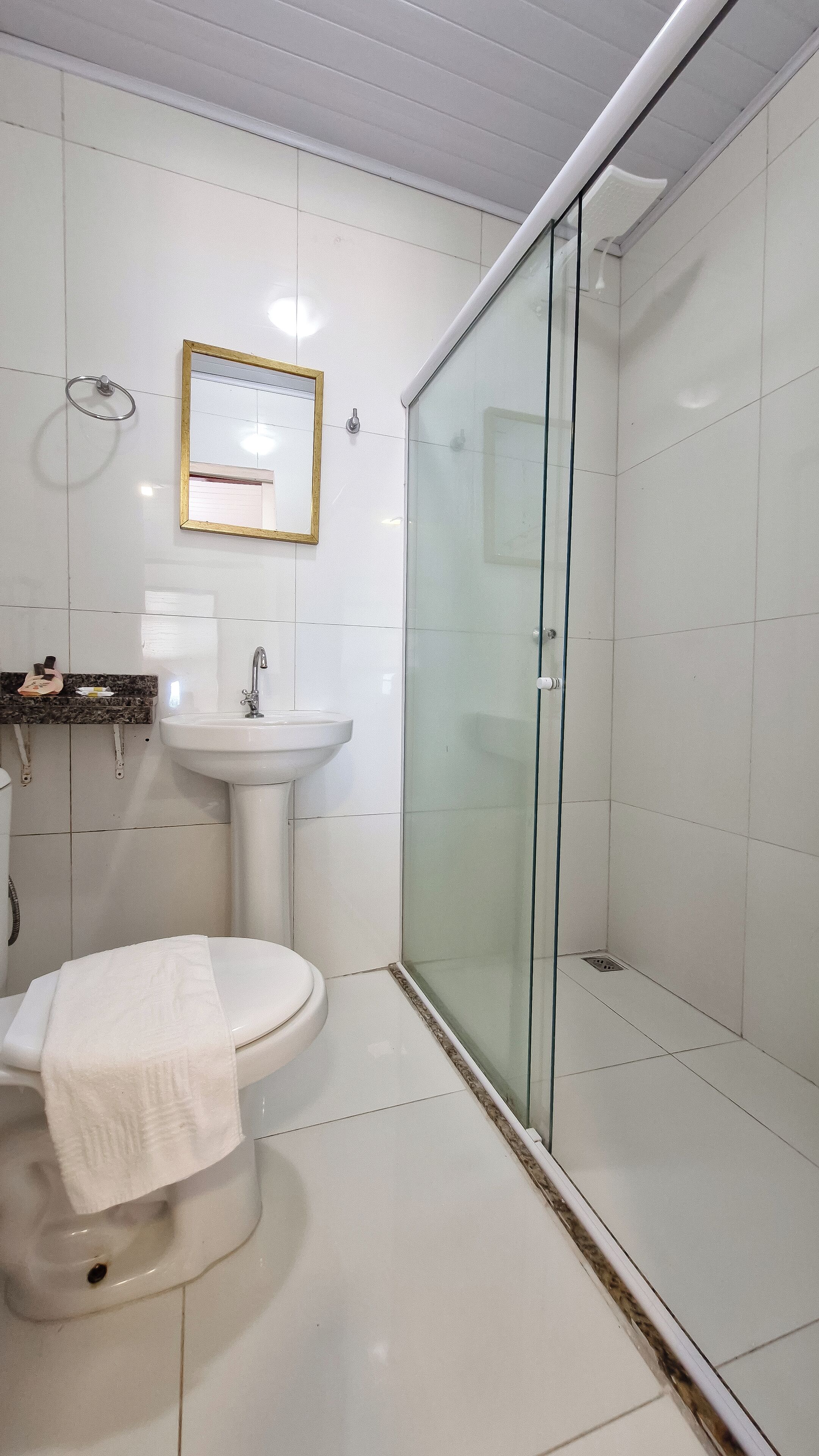 Un baño con inodoro, lavamanos y cabina de ducha de vidrio.