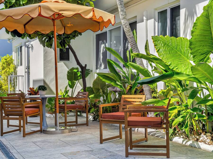 An outdoor seating area with wooden chairs and a table, surrounded by lush tropical plants.