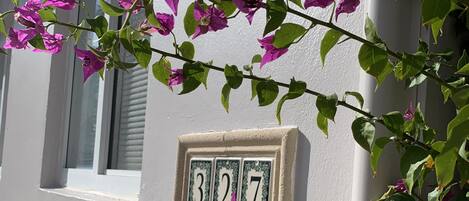 Le numéro 327 est peint en blanc sur un mur, avec une boîte aux lettres et une fenêtre en arrière-plan.