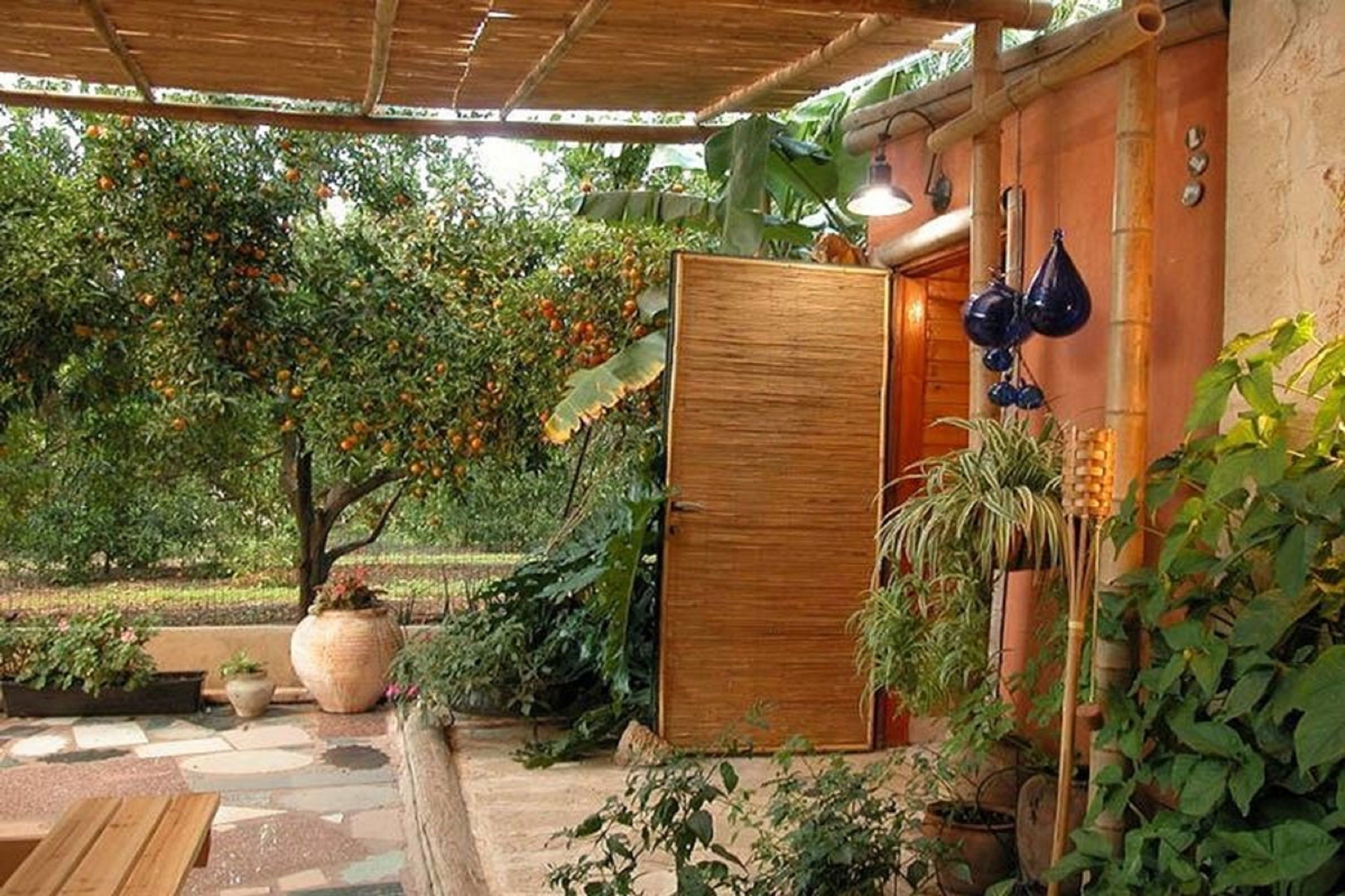 A covered outdoor area with a wooden door, potted plants, and a stone pathway.