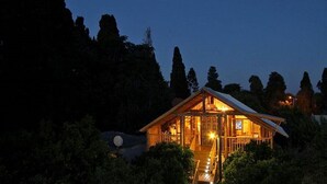 Een houten chalet met een veranda en een trap naar de ingang, omringd door dicht bos.