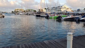 Un puerto deportivo con varias embarcaciones amarradas, un muelle de madera y edificios al fondo.