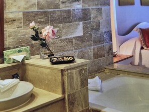 Hair dryer, towels, soap, shampoo