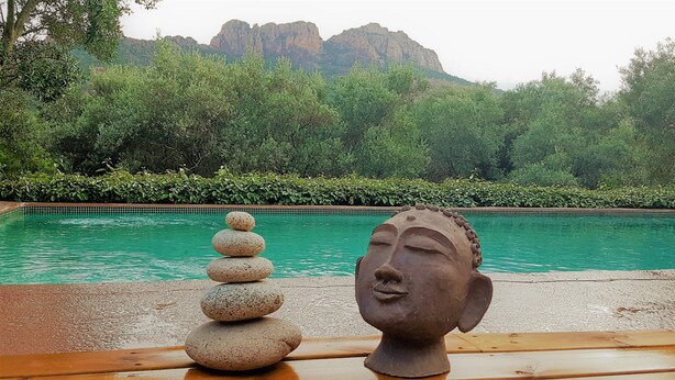 A serene pool area with a Buddha head sculpture and a stack of stones. - rent large family villa near the sea and nature (Roquebrune-Sur-Argens)