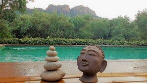 Ett lugnt poolområde med en Buddha-staty och en hög med stenar.