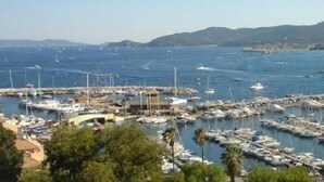 Un port de plaisance où sont amarrés de nombreux bateaux, entouré de verdure et avec des collines en arrière-plan.
