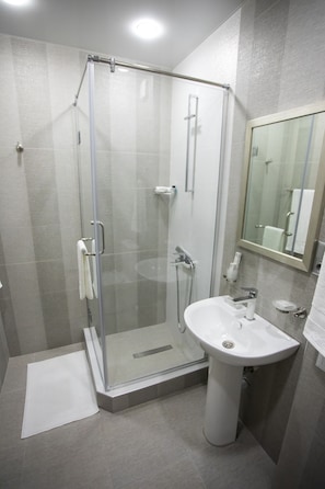 Shower, hair dryer, bathrobes, slippers