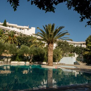 A swimming pool with a palm tree in the foreground, surrounded by greenery and white buildings in the background.
