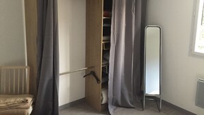 A walk-in closet with a mirrored closet rod, a radiator, and a window with daylight.