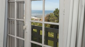 A view through a window with a white frame and multiple panes, overlooking a beach and a residential area.