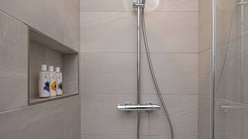 A modern shower with a rain showerhead and handheld showerhead, a glass door, and a shelf with toiletries.